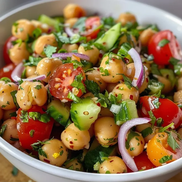 ['A close-up view of a colorful chickpea salad featuring cucumbers, cherry tomatoes, and red onion.', 'Vibrant chickpea salad displayed with diced vegetables and fresh herbs on a plate.', 'A side view of a high protein chickpea salad with a mix of fresh ingredients and dressing.', 'Juicy chickpea salad made with various colorful vegetables and garnished with herbs.']