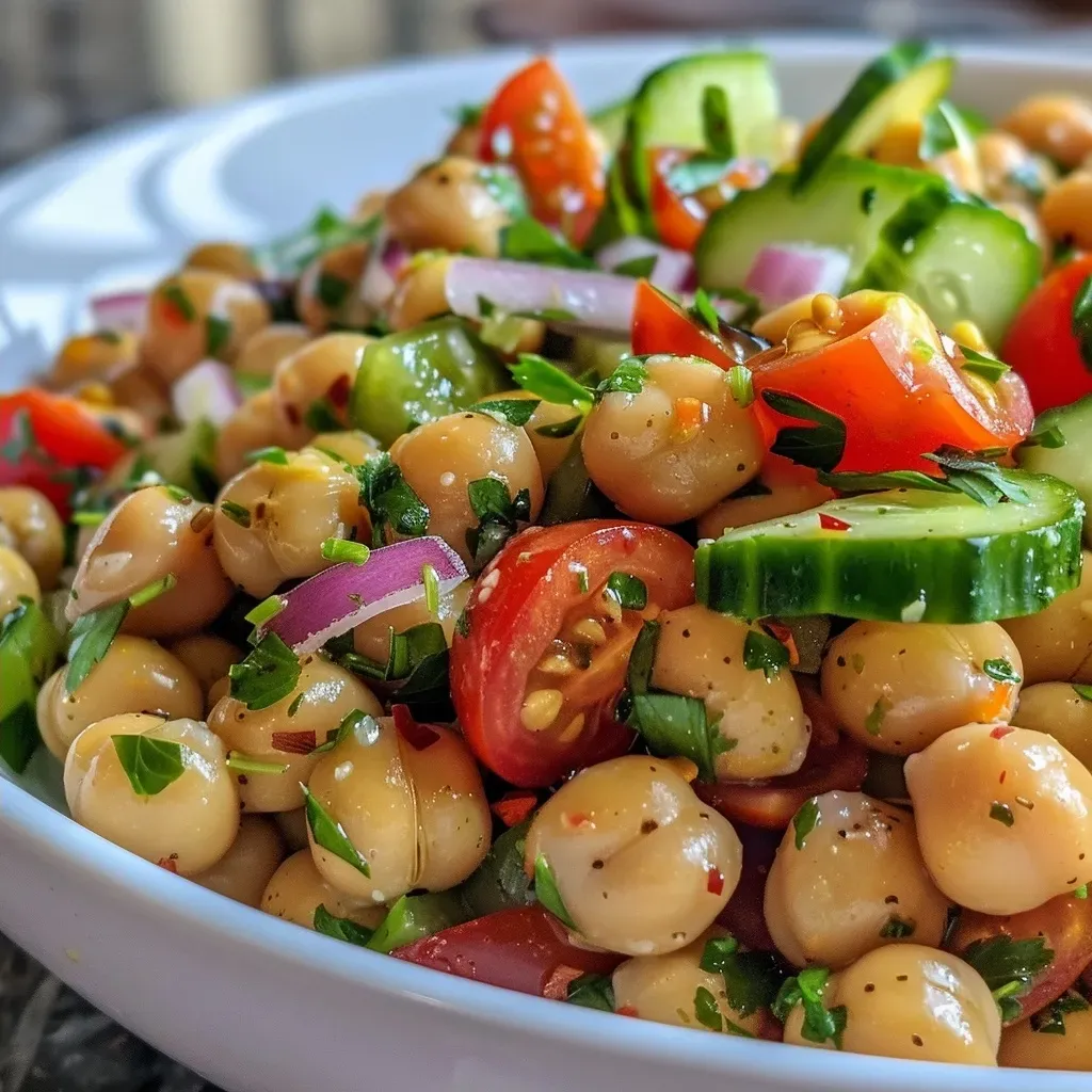 A close-up view of a colorful chickpea salad featuring cucumbers, cherry tomatoes, and red onion.