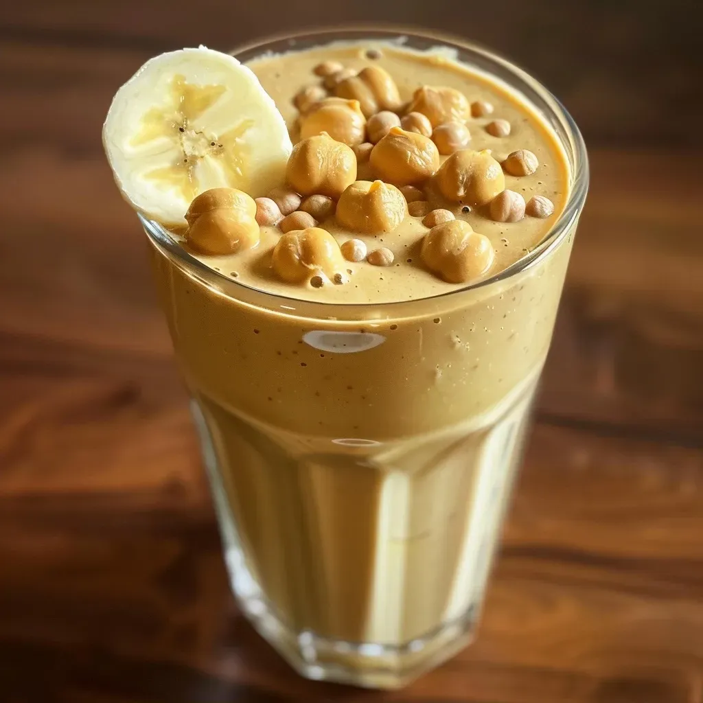 ['Close-up view of a creamy chickpea smoothie in a glass, topped with a sprinkle of cinnamon.', 'Side perspective of a high-protein chickpea smoothie, featuring a thick and rich texture.', 'Detailed shot of a vibrant chickpea smoothie, showcasing ingredients like chickpeas and a banana.', 'View of a dairy-free chickpea smoothie in a clear glass, with a soft focus on the creamy mixture.']
