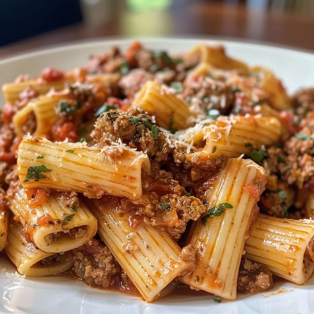 Close-up view of creamy beef pasta with whole wheat noodles and garnished with herbs.