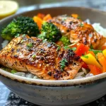 ['Close-up of a crispy salmon bowl with rice and vegetables.', 'Side view of a high protein salmon bowl garnished with lemon.', 'Delicious bowl featuring salmon fillets, colorful vegetables, and rice.', 'Juicy salmon bowl with a mix of rice and bright, fresh veggies.']