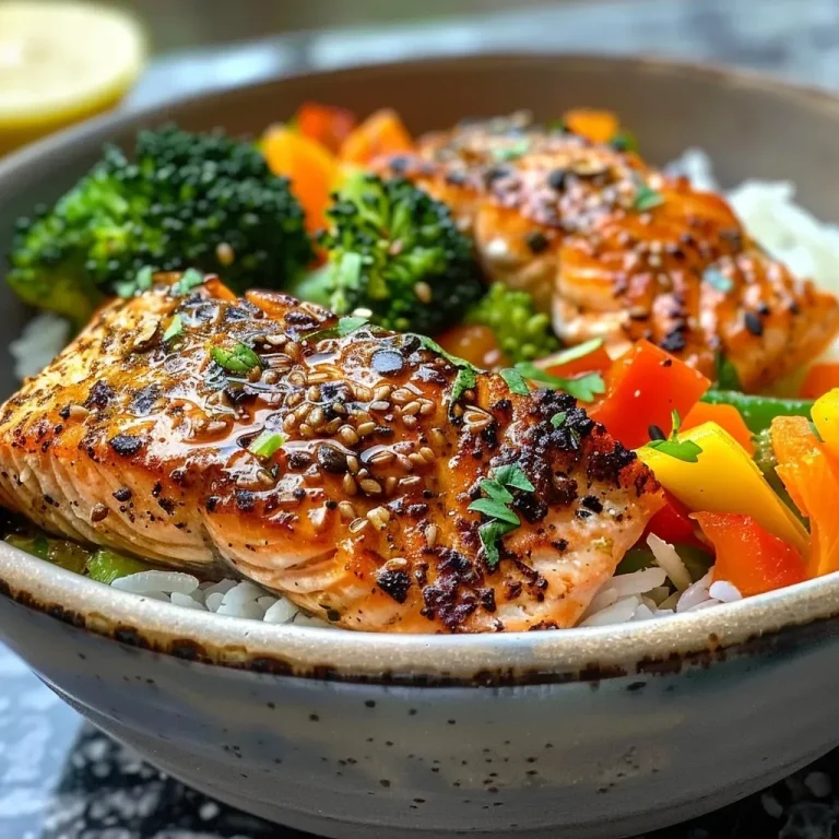 ['Close-up of a crispy salmon bowl with rice and vegetables.', 'Side view of a high protein salmon bowl garnished with lemon.', 'Delicious bowl featuring salmon fillets, colorful vegetables, and rice.', 'Juicy salmon bowl with a mix of rice and bright, fresh veggies.']