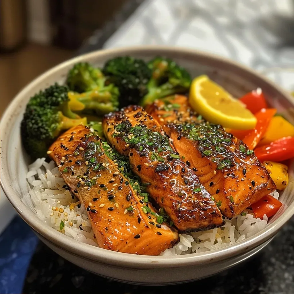['Close-up of a crispy salmon bowl with rice and vegetables.', 'Side view of a high protein salmon bowl garnished with lemon.', 'Delicious bowl featuring salmon fillets, colorful vegetables, and rice.', 'Juicy salmon bowl with a mix of rice and bright, fresh veggies.']