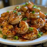 ['A close-up view of juicy honey garlic shrimp with green onions and sesame seeds.', 'Side shot of cooked shrimp glazed in honey garlic sauce, garnished with sesame seeds.', 'Glazed shrimp on a plate, showcasing a glossy honey garlic coating and fresh toppings.', 'Appetizing honey garlic shrimp displayed with vibrant green onions and sesame seeds.']