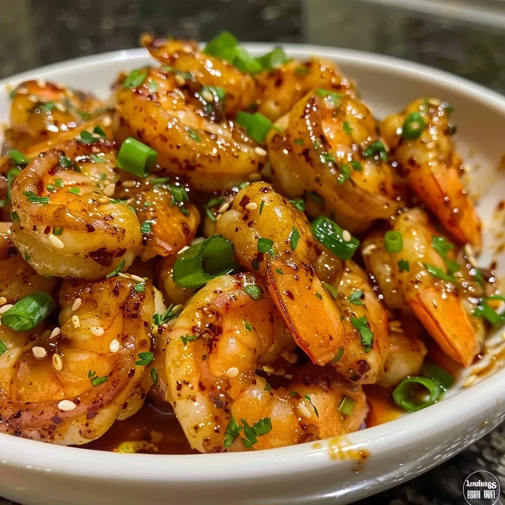 A close-up view of juicy honey garlic shrimp with green onions and sesame seeds.