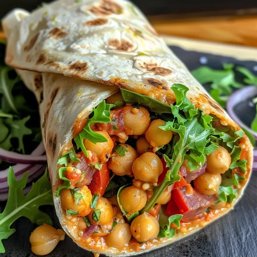 ['A close-up side view of a Mediterranean chickpeas wrap filled with colorful vegetables and creamy sauces.', 'A vibrant wrap showcasing chickpeas, fresh greens, and various toppings, presented in a side view.', 'A juicy wrap filled with chickpeas and assorted vegetables, captured in a close-up shot.', 'A mouth-watering Mediterranean wrap filled with ingredients like chickpeas and greens, viewed from the side.']