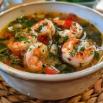 ['A close-up side view of a colorful bowl of High Protein Mediterranean Shrimp Soup.', 'A vibrant bowl filled with shrimp, vegetables, and herbs in a savory broth.', 'A detailed view of shrimp soup with tomatoes, bell peppers, and spinach garnished with parsley.', 'A fresh shrimp soup showcasing juicy shrimp and a medley of Mediterranean ingredients.']