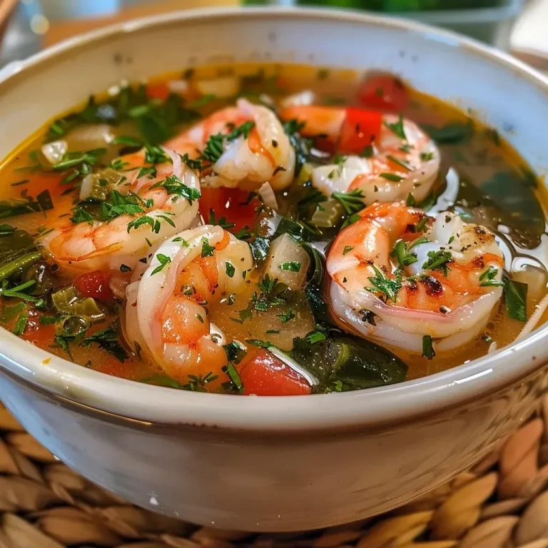 ['A close-up side view of a colorful bowl of High Protein Mediterranean Shrimp Soup.', 'A vibrant bowl filled with shrimp, vegetables, and herbs in a savory broth.', 'A detailed view of shrimp soup with tomatoes, bell peppers, and spinach garnished with parsley.', 'A fresh shrimp soup showcasing juicy shrimp and a medley of Mediterranean ingredients.']