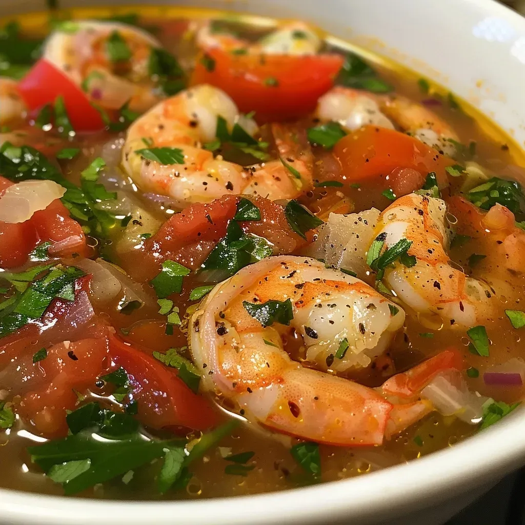 A close-up side view of a colorful bowl of High Protein Mediterranean Shrimp Soup.