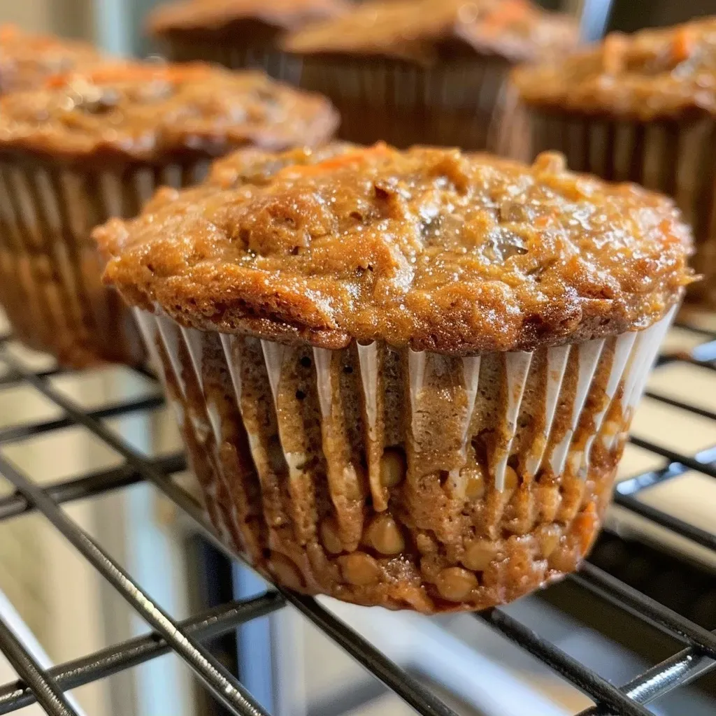Close-up side view of a moist high protein muffin with carrot and coconut, showcasing its texture.