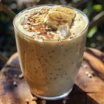 ['Close-up side view of a creamy quinoa smoothie in a glass, showcasing its thick texture and vibrant color.', 'A delicious quinoa smoothie filled with bananas and tahini, served with ice cubes, captured from the side.', 'High-protein quinoa smoothie in a clear glass, highlighting its rich ingredients and frothy appearance.', 'Side view of a nutritious smoothie made with quinoa, bananas, and spices, displaying a refreshing look.']