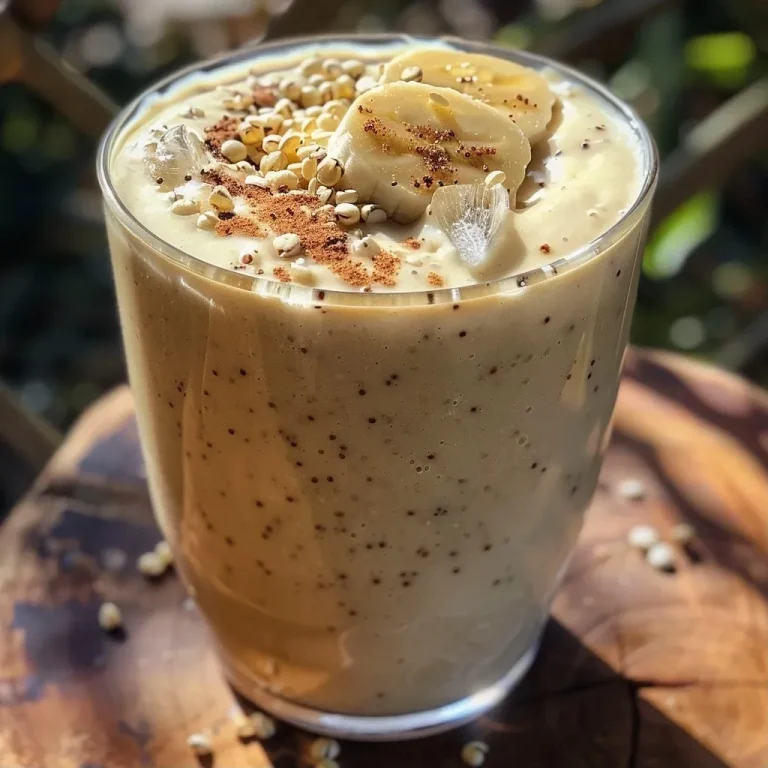['Close-up side view of a creamy quinoa smoothie in a glass, showcasing its thick texture and vibrant color.', 'A delicious quinoa smoothie filled with bananas and tahini, served with ice cubes, captured from the side.', 'High-protein quinoa smoothie in a clear glass, highlighting its rich ingredients and frothy appearance.', 'Side view of a nutritious smoothie made with quinoa, bananas, and spices, displaying a refreshing look.']