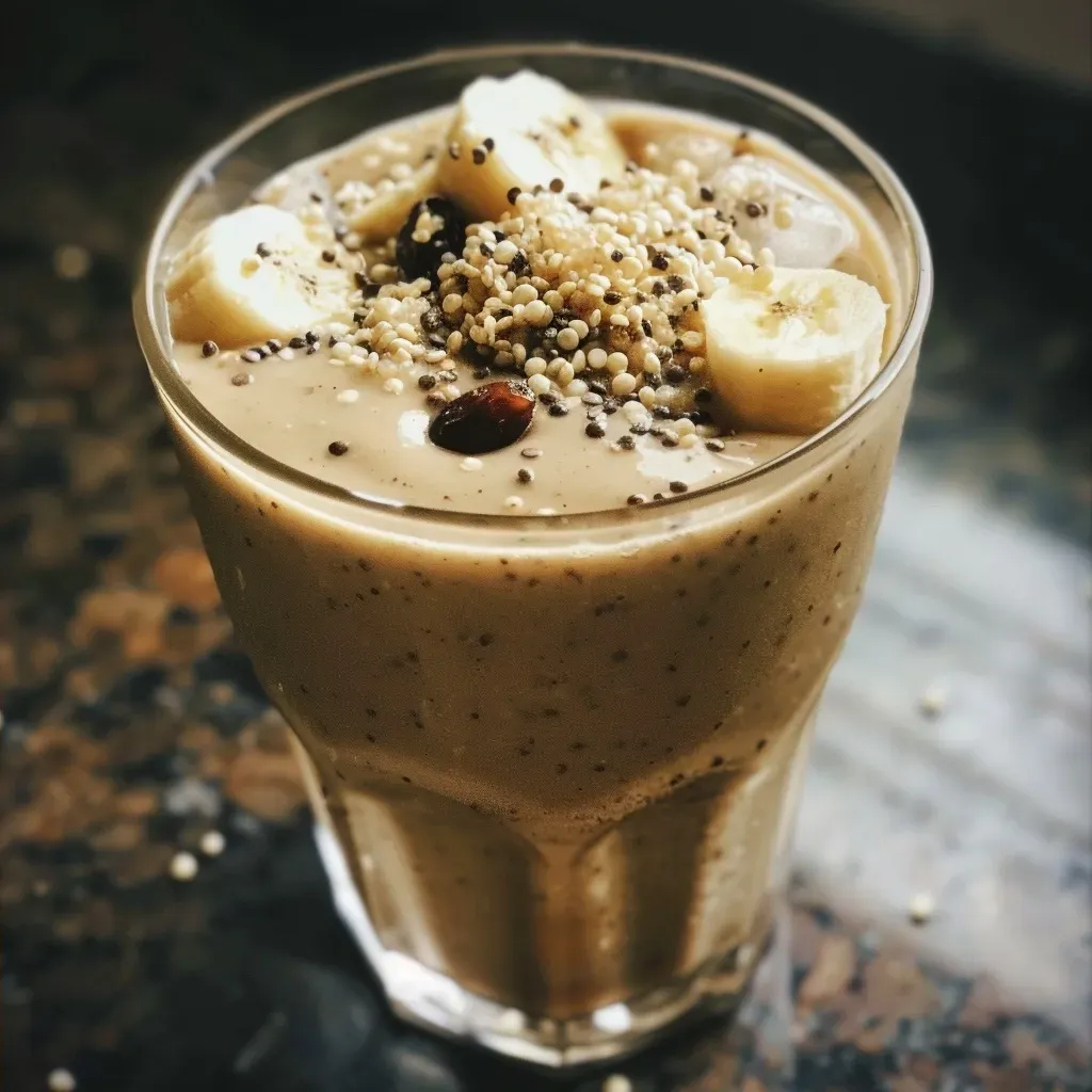 Close-up side view of a creamy quinoa smoothie in a glass, showcasing its thick texture and vibrant color.