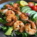 ['Close-up view of a vibrant shrimp salad featuring mixed greens, avocado slices, and cherry tomatoes.', 'Side view of a high-protein shrimp salad with colorful ingredients arranged in a bowl.', 'Detailed close-up of a shrimp salad showcasing fresh vegetables and seasoned shrimp.', 'Vivid image of a shrimp salad garnished with sliced avocado and tomatoes, highlighting its freshness.']