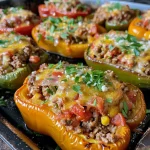 ['Juicy high-protein unstuffed peppers with ground beef and cheese.', 'Close-up view of colorful unstuffed peppers with melted cheese on top.', 'One-pan meal featuring ground beef and bell peppers, garnished with parsley.', 'Delicious unstuffed peppers with a rich tomato sauce and rice visible.']