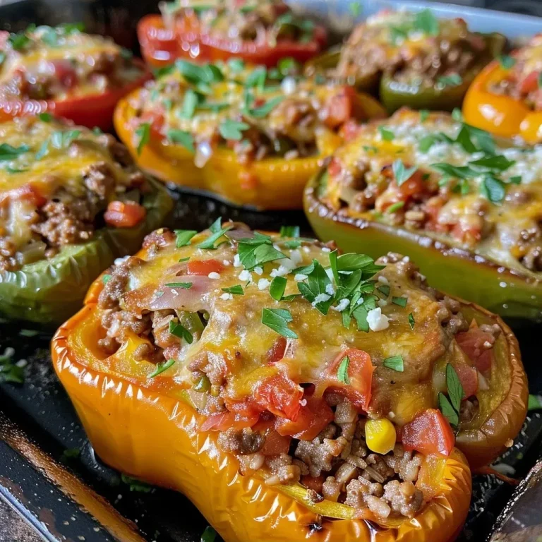 ['Juicy high-protein unstuffed peppers with ground beef and cheese.', 'Close-up view of colorful unstuffed peppers with melted cheese on top.', 'One-pan meal featuring ground beef and bell peppers, garnished with parsley.', 'Delicious unstuffed peppers with a rich tomato sauce and rice visible.']