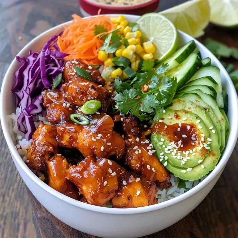 ['A close-up view of a Hot Honey Chicken Bowl featuring juicy chicken, rice, and colorful toppings.', 'A vibrant Hot Honey Chicken Bowl showcasing chicken thighs, avocado, and fresh vegetables against a light background.', 'Side view of a deliciously assembled Hot Honey Chicken Bowl with rice, grilled chicken, and garnishes.', 'Close-up of a Hot Honey Chicken Bowl highlighting grilled chicken, garnished with sesame seeds and lime wedges.']