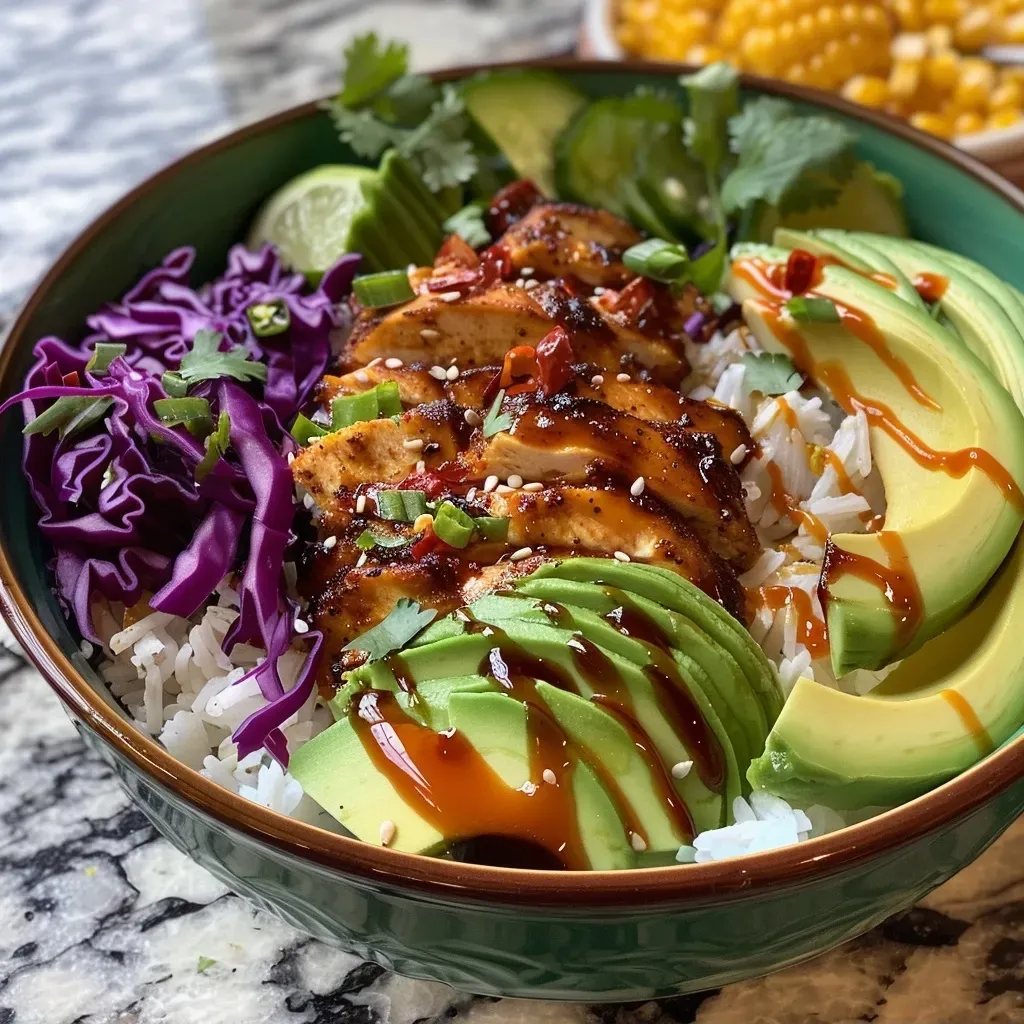 A close-up view of a Hot Honey Chicken Bowl featuring juicy chicken, rice, and colorful toppings.