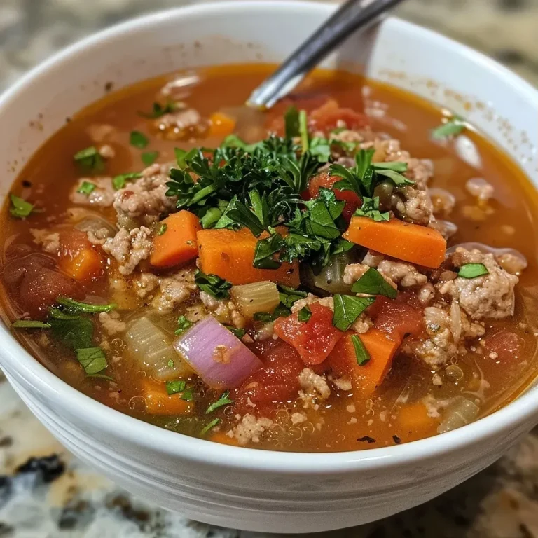 ['Close-up view of a bowl of Italian Turkey Burger Soup, showcasing colorful vegetables and minced herbs.', 'Side angle of a hearty Italian Turkey Burger Soup with visible chunks of turkey and vibrant vegetables.', 'Detailed shot of a steaming bowl of Italian Turkey Burger Soup, highlighting the rich texture and freshness.', 'View of a luscious Italian Turkey Burger Soup, filled with ground turkey, carrots, and herbs.']