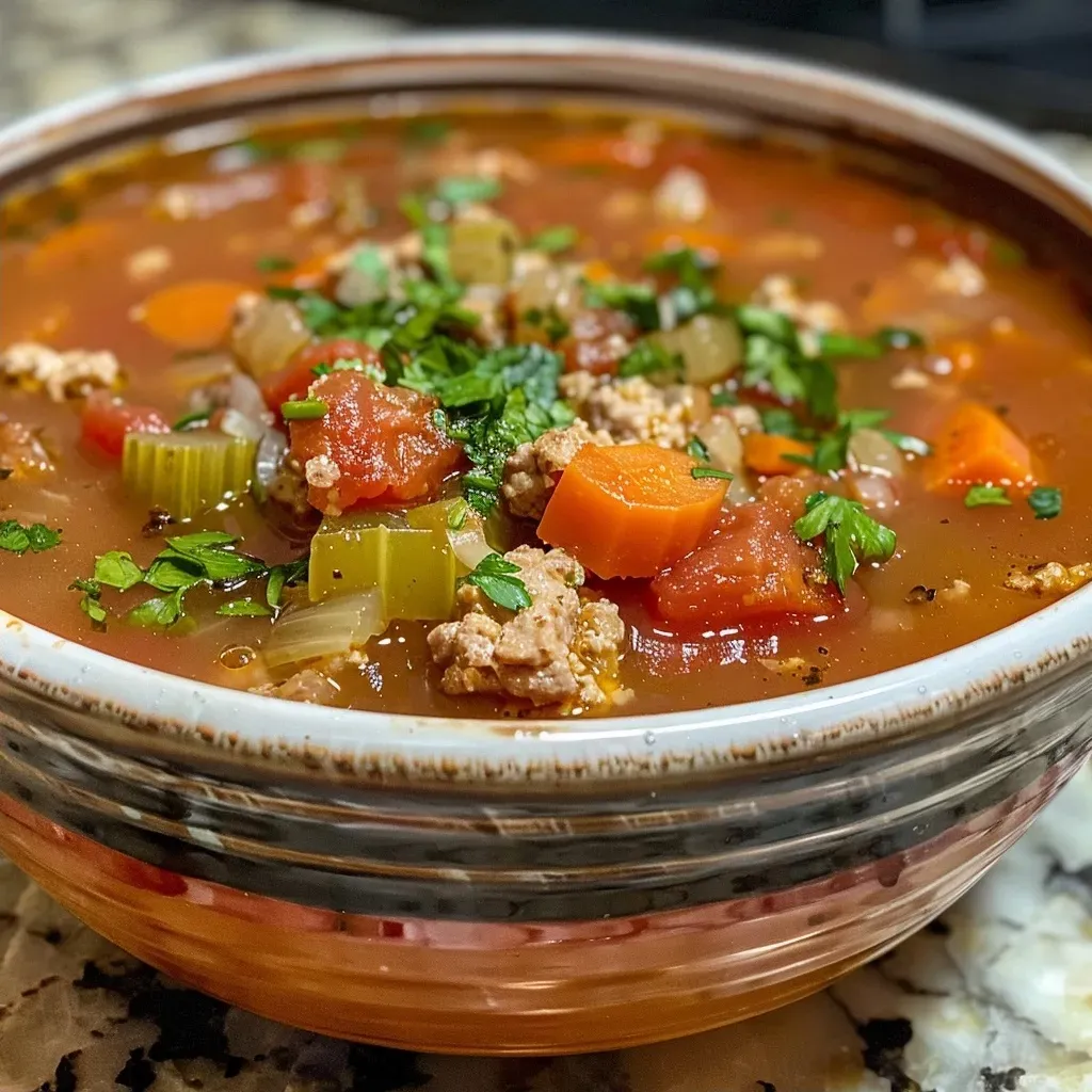 Close-up view of a bowl of Italian Turkey Burger Soup, showcasing colorful vegetables and minced herbs.
