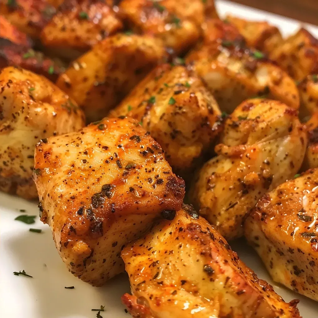 Close-up view of juicy baked chicken bites on a plate.