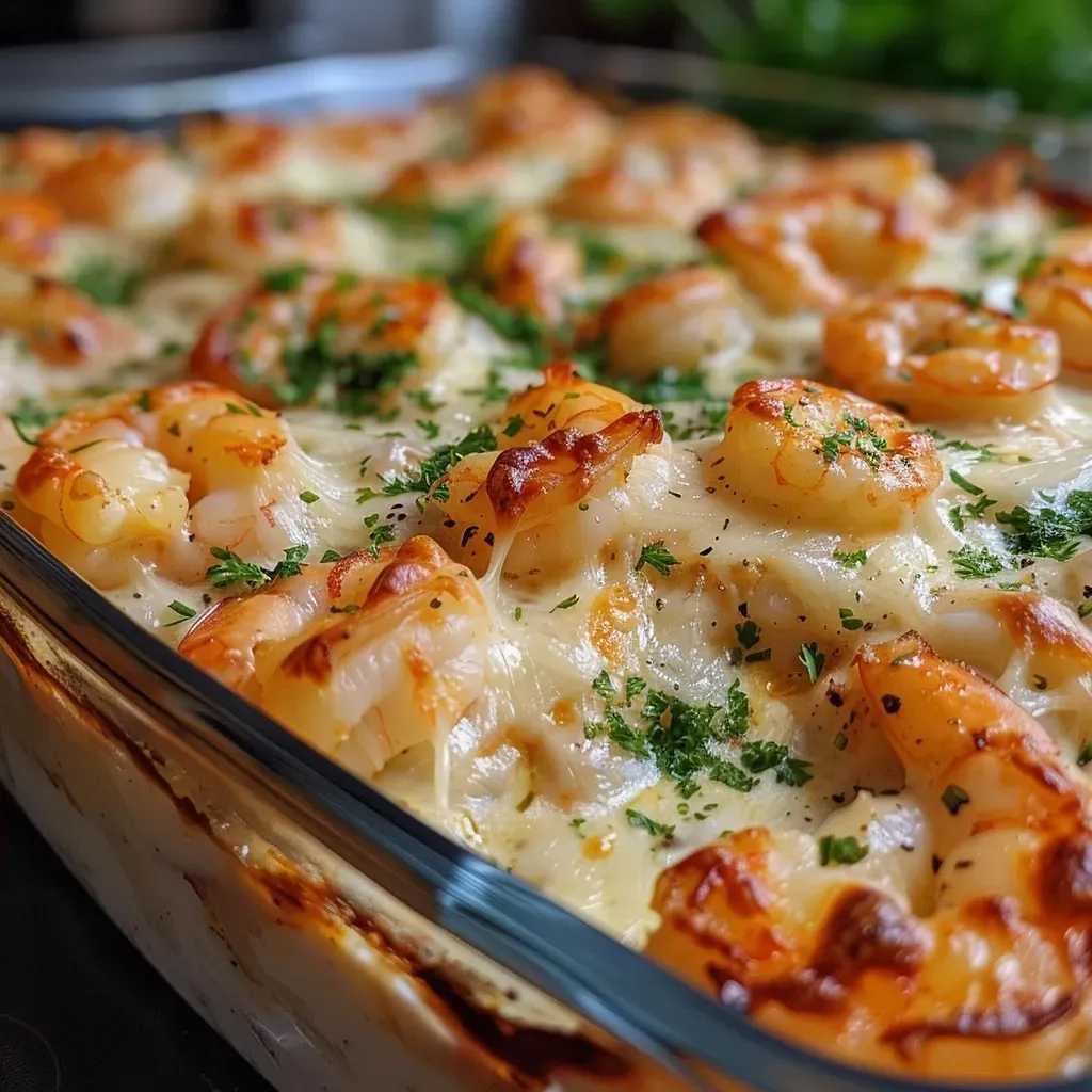 ['Close-up of a Keto Shrimp & Cheese Casserole, showing melted cheese and shrimp.', 'Side view of a delicious Keto Shrimp & Cheese Casserole, showcasing creamy texture and shrimp.', 'Juicy Keto Shrimp & Cheese Casserole in a baking dish, with cheese bubbling on top.', 'A vibrant dish of Keto Shrimp & Cheese Casserole, highlighting shrimp and cheese layers.']
