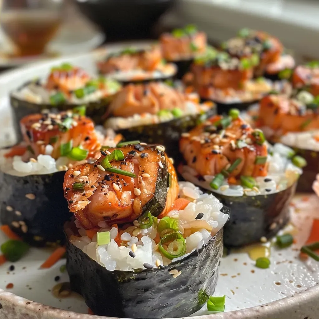 ['Close-up side view of delicious Killer Crack Salmon Muffins showcasing ingredients like salmon and nori.', 'Juicy salmon muffins with a crispy exterior, garnished with sesame seeds and scallions.', 'Mouthwatering salmon muffins presented with colorful toppings and a rich texture.', 'Freshly baked salmon muffins featuring a golden crust and visible chunks of salmon and vegetables.']