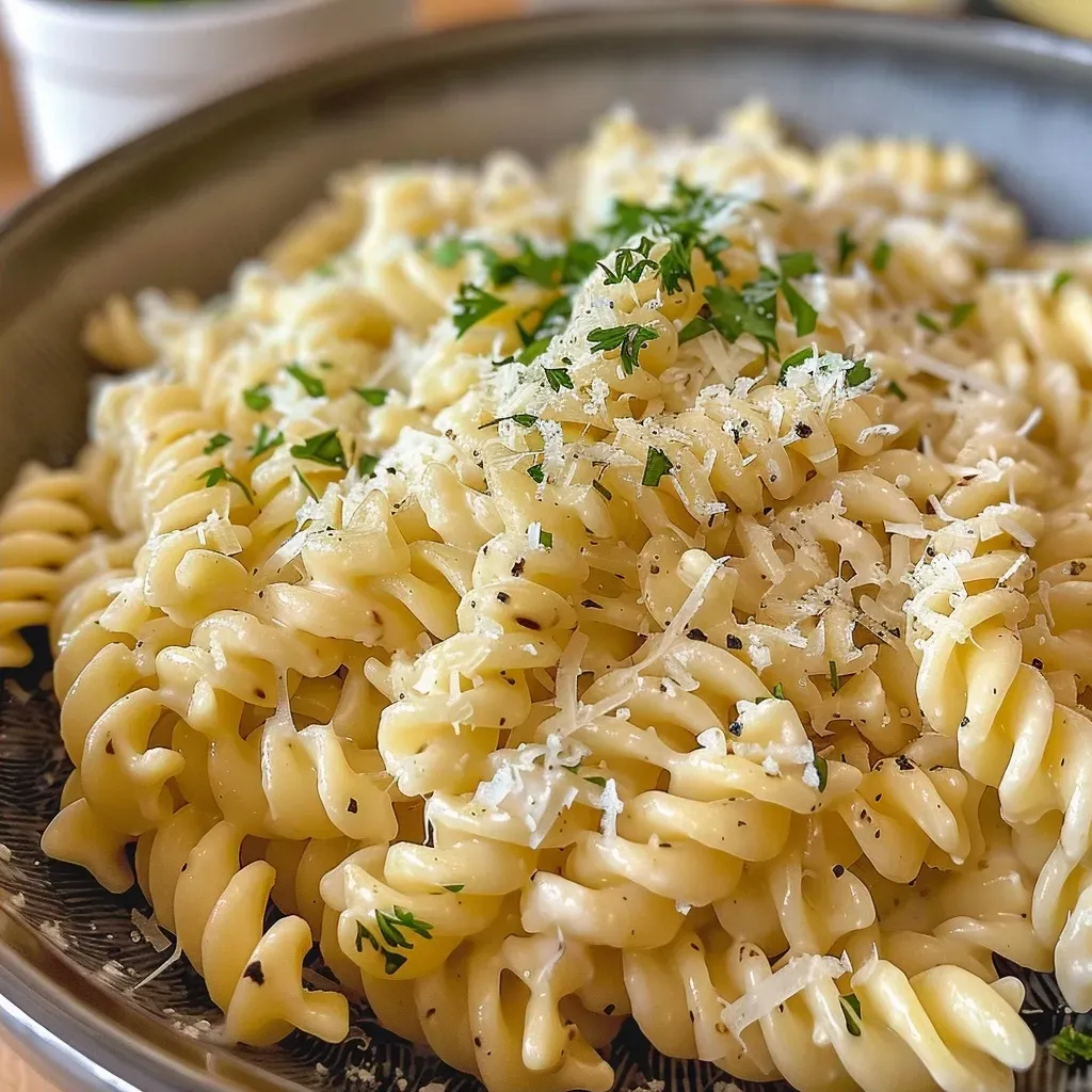 Close-up of Lazy Cheesy Garlic Pasta with creamy sauce and garlic cloves.