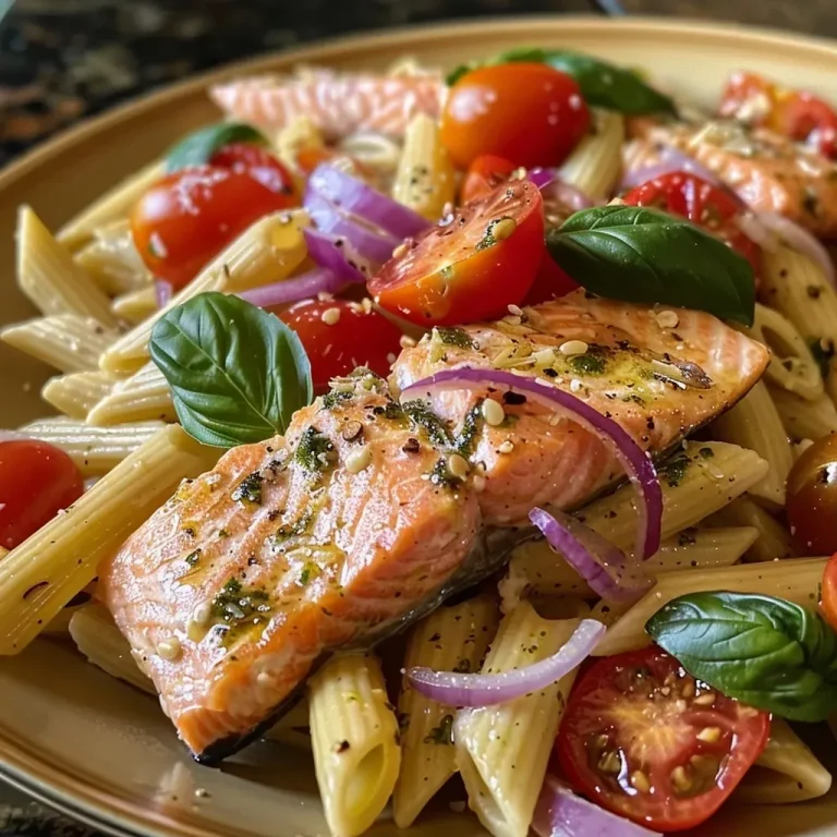 ['Close-up view of Lemon Salmon Pasta Salad with vibrant cherry tomatoes and fresh basil.', 'Side angle of a delicious Lemon Salmon Pasta Salad featuring penne pasta and salmon fillets.', 'Juicy Lemon Salmon Pasta Salad displaying colorful ingredients like red onion and herbs.', 'Detailed view of Lemon Salmon Pasta Salad with a glossy pesto dressing and grated parmesan.']