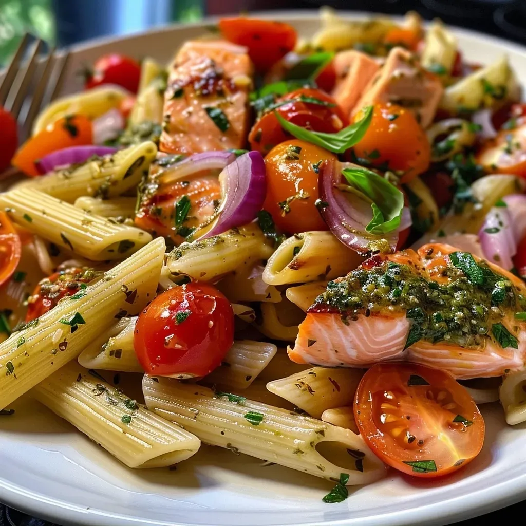 Close-up view of Lemon Salmon Pasta Salad with vibrant cherry tomatoes and fresh basil.