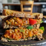 ['Close-up view of Lentil Manwiches with colorful peppers and a hearty filling.', 'Juicy Lentil Manwiches displayed with vibrant minced vegetables and a slice cut out.', 'Side view of delicious Lentil Manwiches filled with lentils and spices.', 'Appetizing Lentil Manwiches showcasing a mix of red and green bell peppers.']