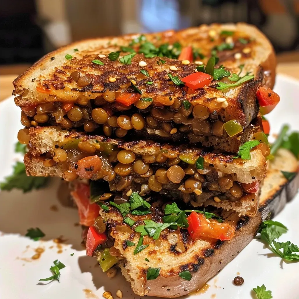['Close-up view of Lentil Manwiches with colorful peppers and a hearty filling.', 'Juicy Lentil Manwiches displayed with vibrant minced vegetables and a slice cut out.', 'Side view of delicious Lentil Manwiches filled with lentils and spices.', 'Appetizing Lentil Manwiches showcasing a mix of red and green bell peppers.']