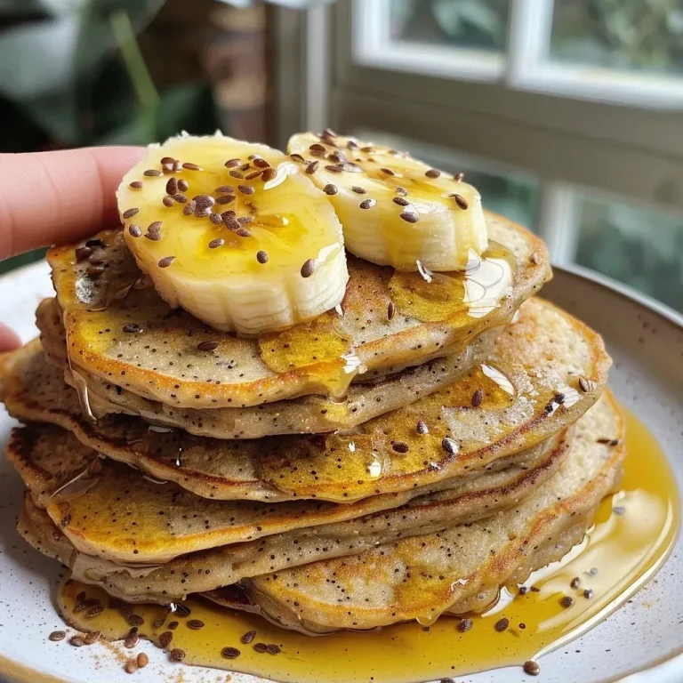 ['Close-up side view of golden-brown lentil protein pancakes with a syrup drizzle.', 'Stack of lentil protein pancakes topped with a glossy date syrup on a white plate.', 'Delicious lentil protein pancakes served on a wooden table, with bananas beside them.', 'Vibrant lentil protein pancakes with a few flaxseeds sprinkled on top, captured in natural light.']