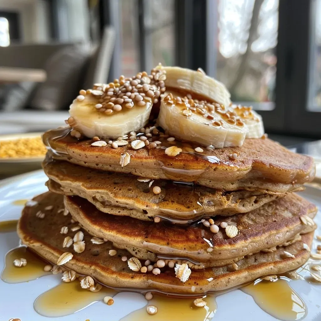 Close-up side view of golden-brown lentil protein pancakes with a syrup drizzle.