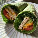 ['A close-up of a turkey spinach wrap filled with fresh ingredients.', 'Side view of a colorful turkey spinach wrap showcasing layers of vegetables and turkey.', 'Juicy turkey spinach wrap on a plate, emphasizing its healthy ingredients.', 'Detailed view of a gourmet turkey spinach wrap with avocado, tomato, and cheese.']