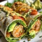 ['Close-up view of a colorful low carb shrimp wrap filled with fresh vegetables.', 'Juicy shrimp wrap with avocado, lettuce, and tomatoes, styled elegantly.', 'Side view of a vibrant low carb shrimp wrap showcasing its ingredients.', 'Detailed look at a shrimp wrap, featuring shrimp and an array of fresh toppings.']