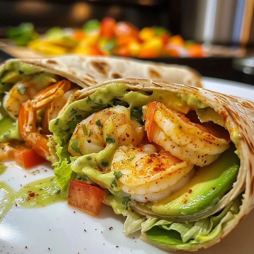 Close-up view of a colorful low carb shrimp wrap filled with fresh vegetables.