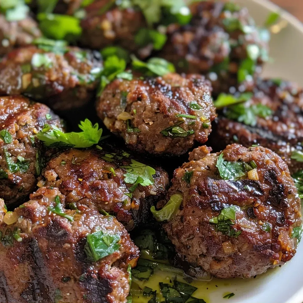 ['Juicy Mediterranean Beef Kofta skewers grilled to perfection.', 'Close-up view of seasoned beef kofta served with a creamy yogurt sauce.', 'Side profile of chargrilled Mediterranean Beef Kofta garnished with herbs.', 'Tasty beef kofta with fresh parsley and a side of cucumber yogurt dip.']