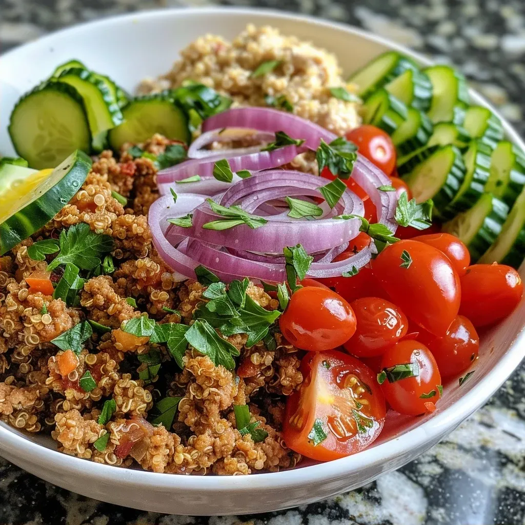 Close-up view of a Mediterranean bowl filled with ground turkey and quinoa, garnished with vegetables.