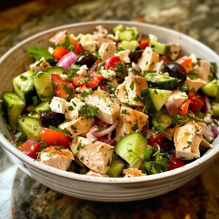 ['Close-up of a vibrant Mediterranean Chicken Salad showcasing diced chicken, olives, feta, and vegetables.', 'Side view of a colorful Mediterranean Chicken Salad filled with fresh ingredients and creamy dressing.', 'Juicy Mediterranean Chicken Salad featuring diced veggies, chicken, and feta cheese in a bowl.', 'Detailed view of a Mediterranean Chicken Salad with vibrant colors from various fresh ingredients.']