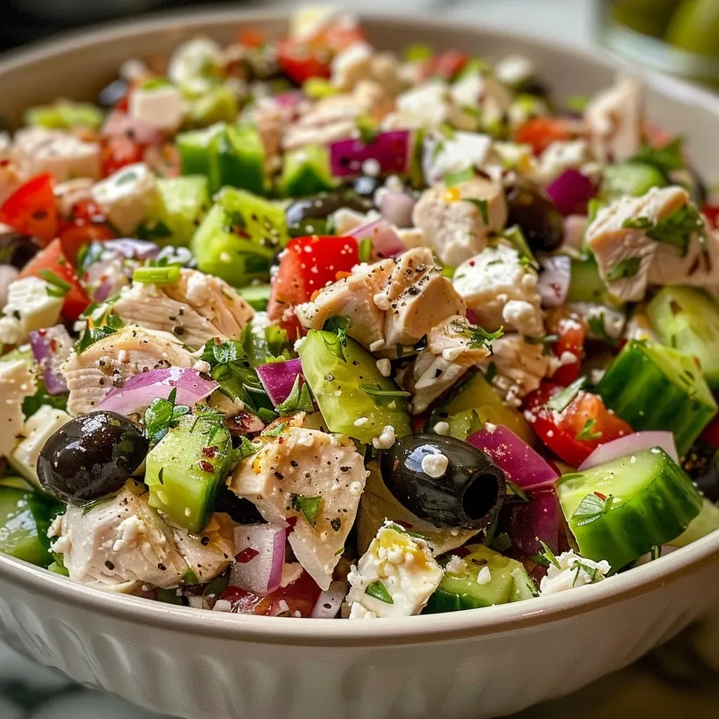 ['Close-up of a vibrant Mediterranean Chicken Salad showcasing diced chicken, olives, feta, and vegetables.', 'Side view of a colorful Mediterranean Chicken Salad filled with fresh ingredients and creamy dressing.', 'Juicy Mediterranean Chicken Salad featuring diced veggies, chicken, and feta cheese in a bowl.', 'Detailed view of a Mediterranean Chicken Salad with vibrant colors from various fresh ingredients.']