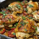 ['Close-up view of a Mediterranean chicken skillet with vibrant ingredients.', 'Juicy chicken breasts sautéed with artichokes and sun-dried tomatoes.', 'A colorful Mediterranean chicken dish featuring herbs and spices.', 'Side view of a plated Mediterranean chicken skillet with fresh parsley garnish.']