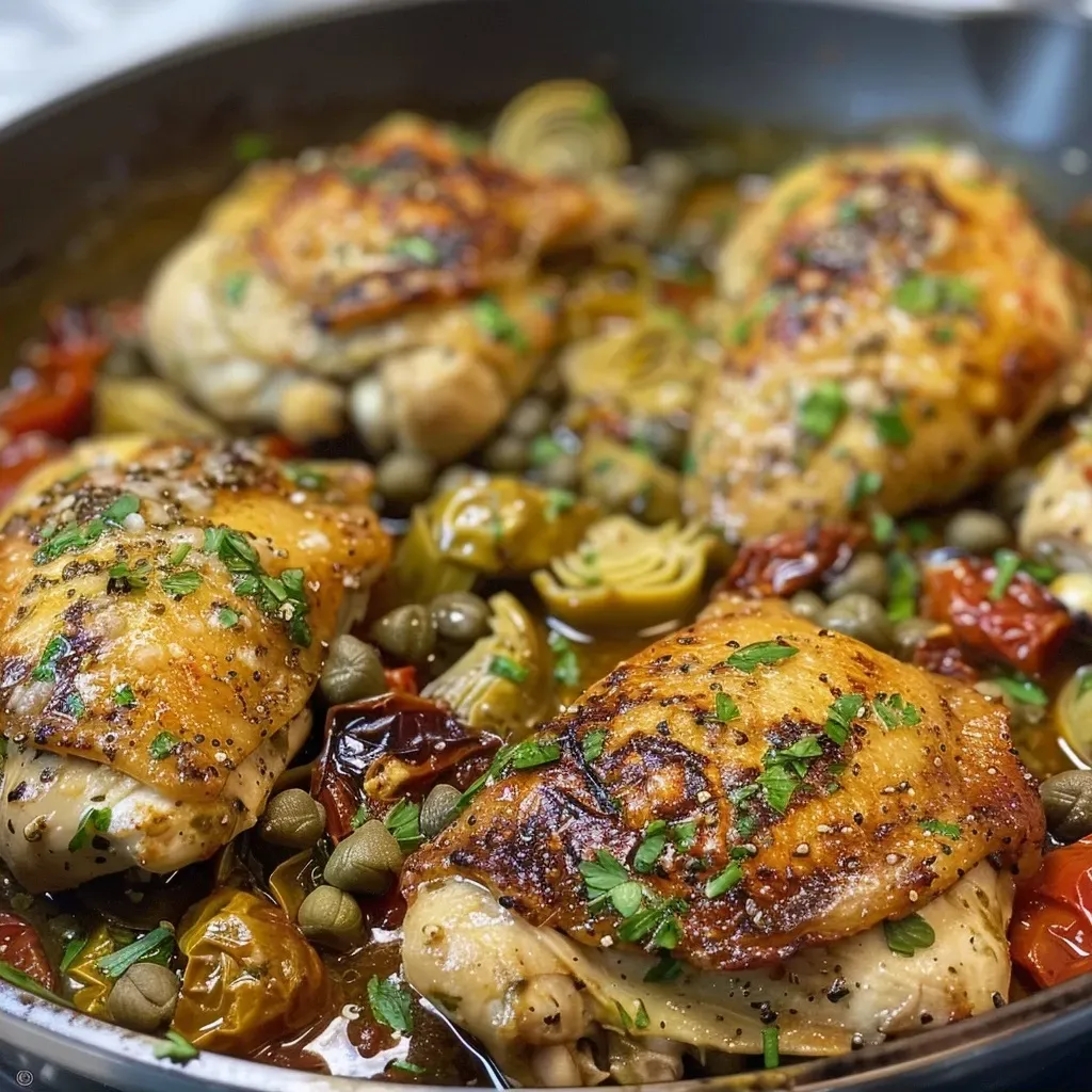 Close-up view of a Mediterranean chicken skillet with vibrant ingredients.