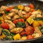 ['A close-up side view of a vibrant Mediterranean chicken stir fry featuring colorful vegetables.', 'Juicy pieces of chicken breast stir-fried with spinach, cherry tomatoes, and bell peppers, showcasing fresh ingredients.', 'A delicious plate of Mediterranean chicken stir fry with bright red tomatoes, green spinach, and yellow squash.', 'A colorful stir fry dish highlighting chicken, garlic, and assorted vegetables, emphasizing freshness and flavor.']