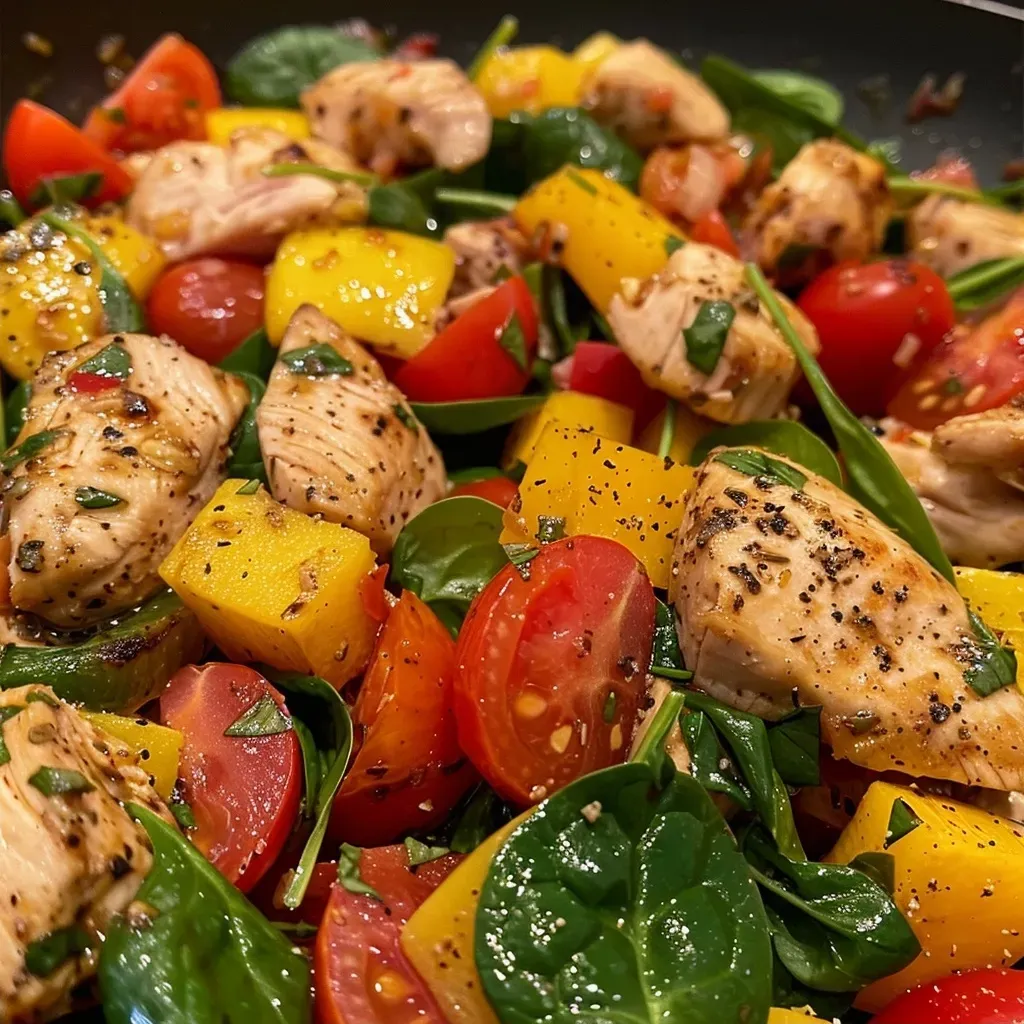 ['A close-up side view of a vibrant Mediterranean chicken stir fry featuring colorful vegetables.', 'Juicy pieces of chicken breast stir-fried with spinach, cherry tomatoes, and bell peppers, showcasing fresh ingredients.', 'A delicious plate of Mediterranean chicken stir fry with bright red tomatoes, green spinach, and yellow squash.', 'A colorful stir fry dish highlighting chicken, garlic, and assorted vegetables, emphasizing freshness and flavor.']