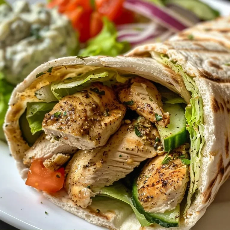['Close-up view of juicy Mediterranean chicken wraps with fresh vegetables and tzatziki sauce.', 'Side view of delicious Mediterranean chicken wraps showcasing vibrant fillings and pita bread.', 'Detailed shot of succulent chicken wraps filled with lettuce, cucumber, and red onion.', 'Appetizing Mediterranean chicken wraps drizzled with tzatziki sauce on a wooden surface.']