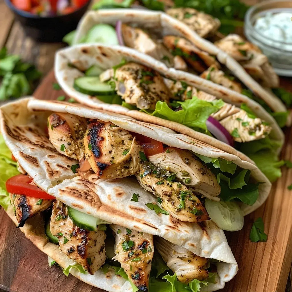 Close-up view of juicy Mediterranean chicken wraps with fresh vegetables and tzatziki sauce.