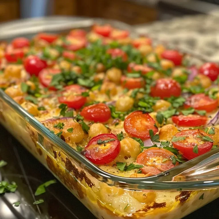 ['Close-up of a Mediterranean Chickpea Bake with golden-brown top and colorful roasted vegetables.', 'Deliciously baked chickpeas and vegetables in a rustic dish, highlighting fresh herbs and spices.', 'Side view of a one-pot Mediterranean dish featuring chickpeas, tomatoes, and zucchini, garnished with herbs.', 'Juicy mix of chickpeas and Mediterranean vegetables baked to perfection, served in a cozy dish.']