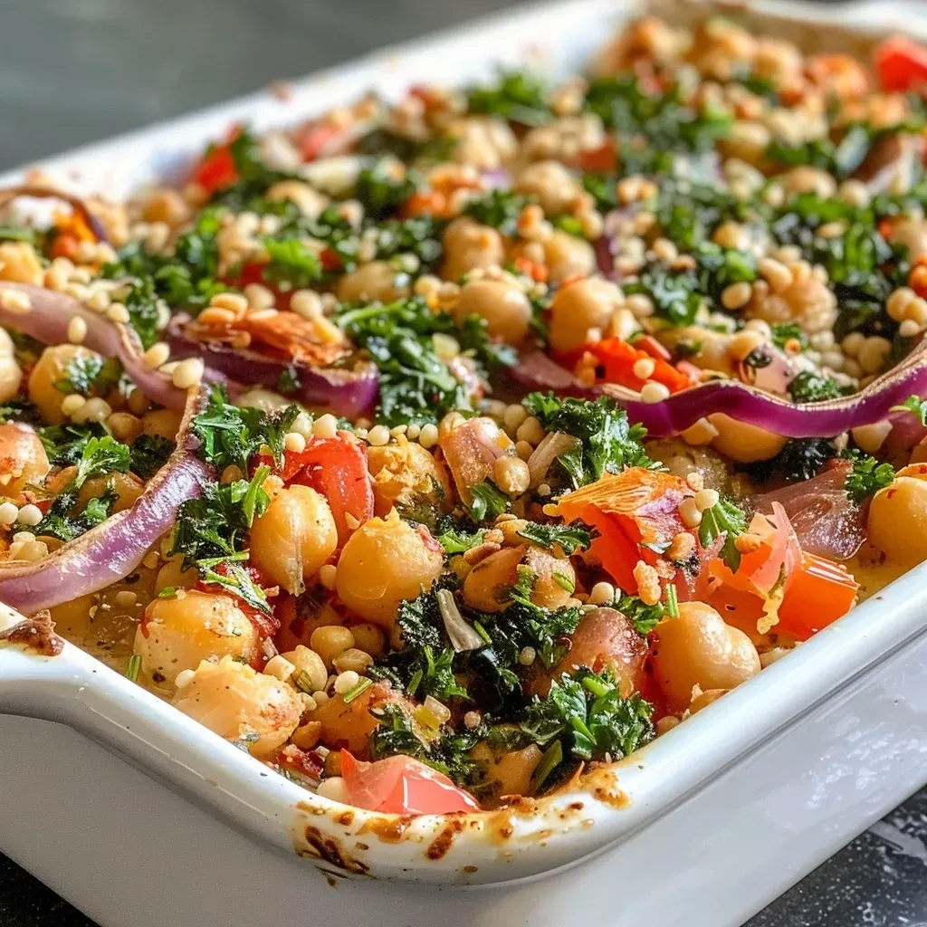 ['Close-up of a Mediterranean Chickpea Bake with golden-brown top and colorful roasted vegetables.', 'Deliciously baked chickpeas and vegetables in a rustic dish, highlighting fresh herbs and spices.', 'Side view of a one-pot Mediterranean dish featuring chickpeas, tomatoes, and zucchini, garnished with herbs.', 'Juicy mix of chickpeas and Mediterranean vegetables baked to perfection, served in a cozy dish.']