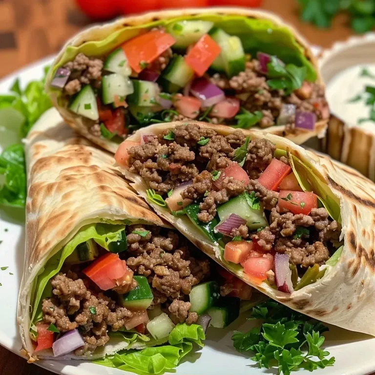 ['Close-up view of a Mediterranean Ground Beef Pita Wrap filled with fresh vegetables and garnished with parsley.', 'Side view of a juicy Mediterranean Ground Beef Pita Wrap with vibrant ingredients visible inside.', 'Detailed shot of a Pita Wrap showcasing ground beef, lettuce, tomato, and olives, served on a plate.', 'Appetizing Mediterranean Pita Wrap filled with ground beef and fresh veggies, highlighting its texture and colors.']